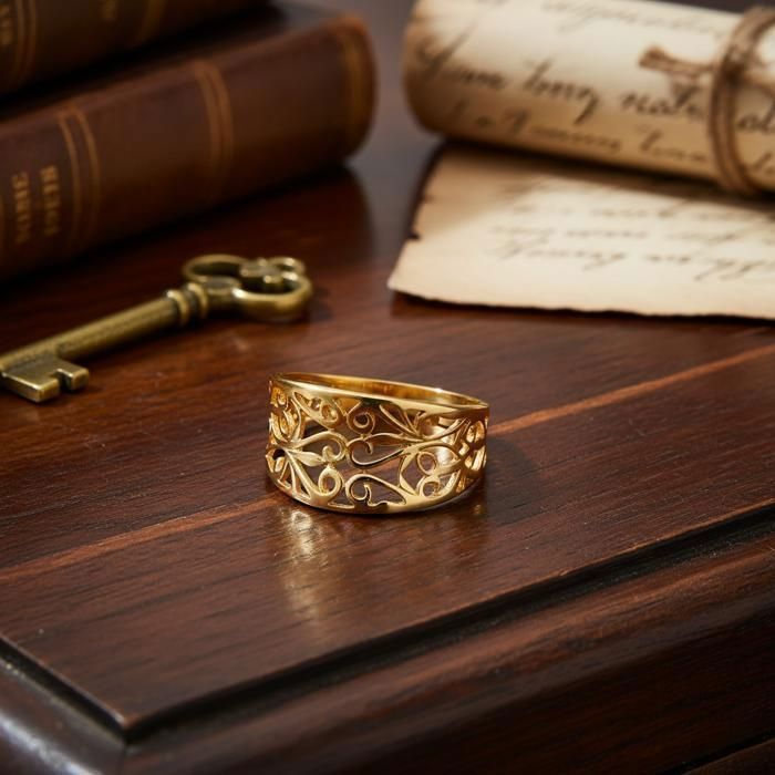 Women's Wide Openwork Filigree Ring in 18K Gold Plated Design – Statement Ring with Retro/Baroque Style Swirls – Elegant Jewelry