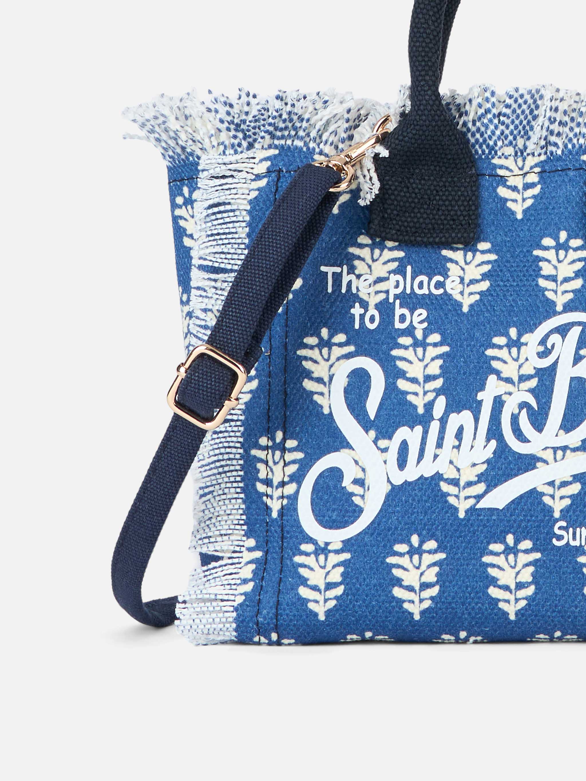 Coton Mini Vanity Canvas Bag | Indigo Flower Print | Saint Barth Logo | Zipper Closure | Inner Zipped Pocket | Detachable Strap | MC2 Saint Barth