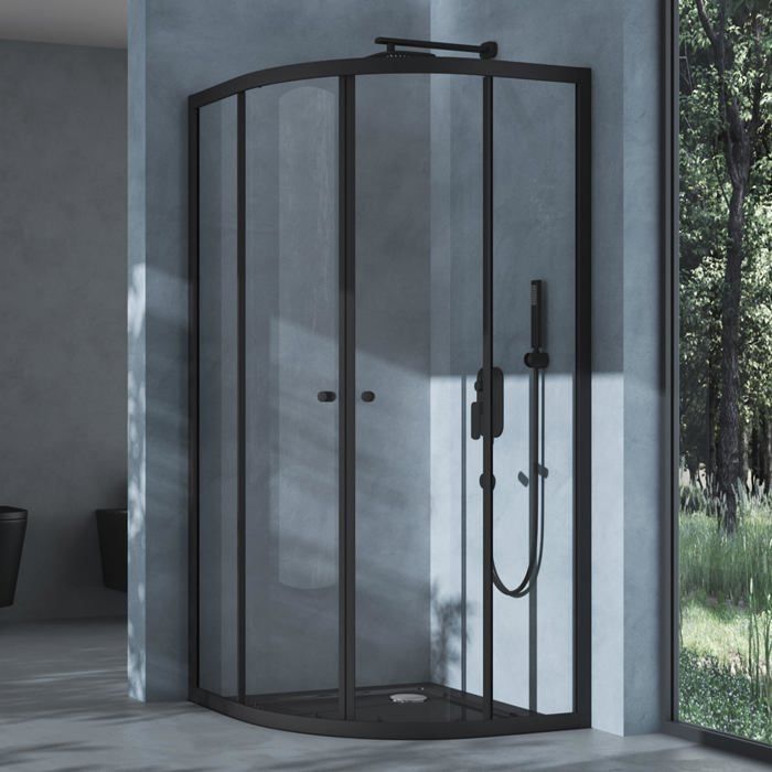 Mampara de ducha Doporro negra con puerta corredera, panel semicircular, 100x100x190 cm, cristal transparente, ESG Ravenna32K