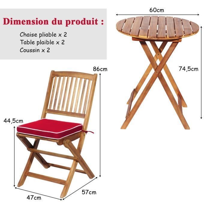 Conjunto de muebles de jardín plegables de madera de acacia de 3 piezas COSTWAY: 1 mesa, 2 sillas, 2 cojines rojos extraíbles - Sala de estar, patio, bistró