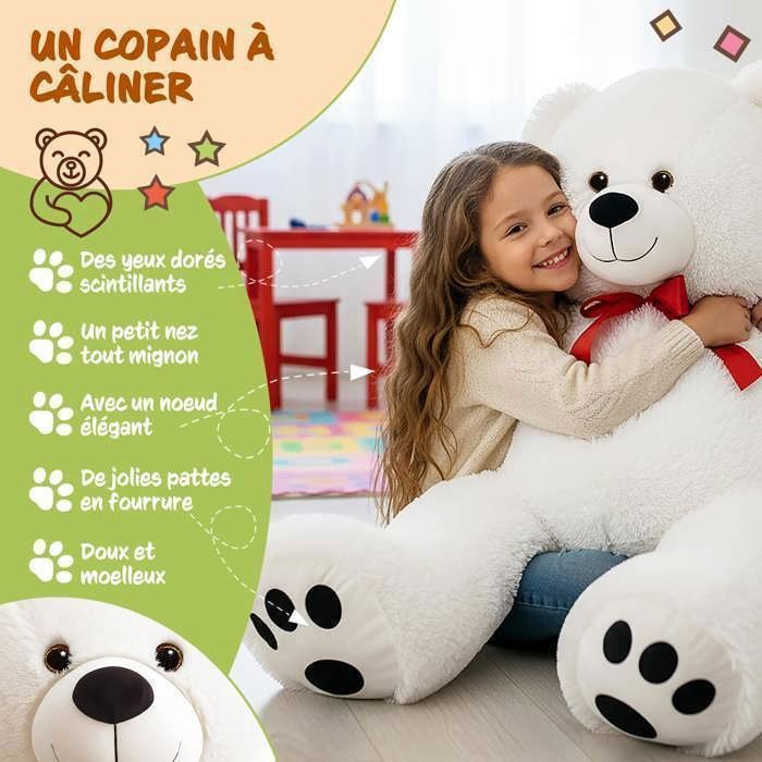 Ours En Peluche Très Douce MONZANA® Avec Noeud Papillon - Nounours Géant 100cm Blanc - Grosse peluche - Doudou Mignon