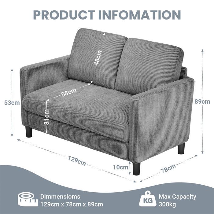 Sofá mini de 2 plazas DRIPEX en pana gris, estilo escandinavo, 129 × 78 × 89 cm, con 2 respaldos para salón, patas de madera.