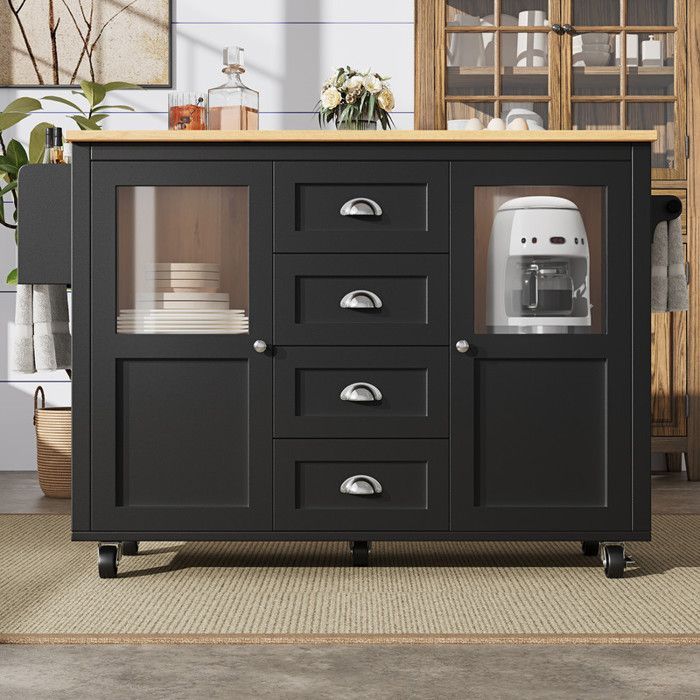 Ilha de cozinha - Extensível - MDF e metal - Móvel com rodízios - 4 gavetas e 2 portas