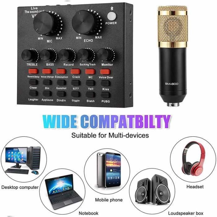 FOLAYA  Microphone à Condensateur avec carte son V8, BM-800 , pour Enregistrement, Podcasting, Voix Off, Streaming, Home-Studio, (or