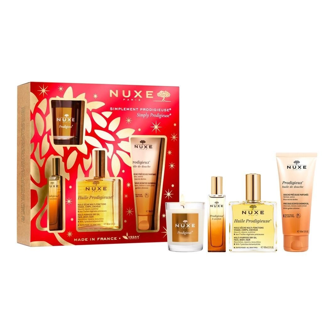 NUXE kūno priežiūros rinkinys Nuxe Prodigieux® dovanų rinkinys - Prodigieux® dušo aliejus 100 ml + Huile Prodigieuse® 100 ml + Prodigieux® Le Parfum 15 ml + žvakė Prodigieuse® 70 g 1 vnt.