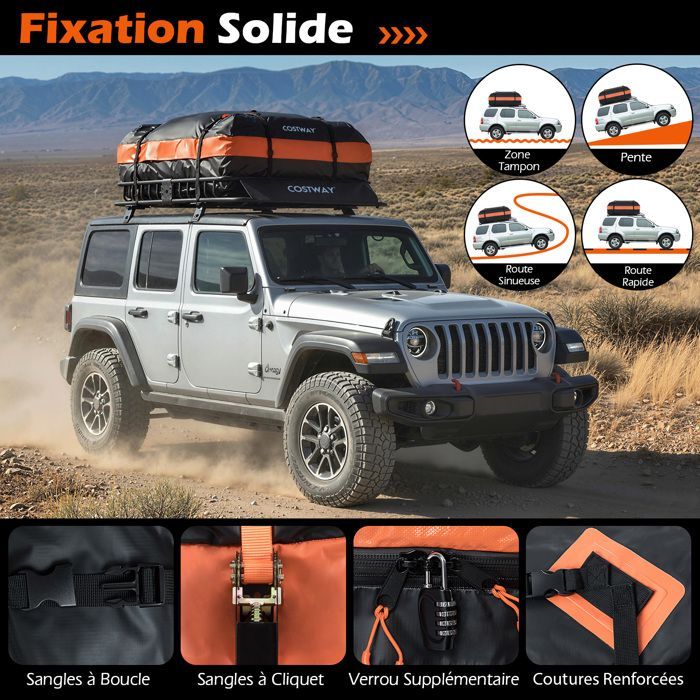 Cofre/bolsa de techo impermeable para coche COSTWAY de 425 L, 2 correas de trinquete, 4 ganchos para puerta, bolsa de almacenamiento y cerradura, 90 kg