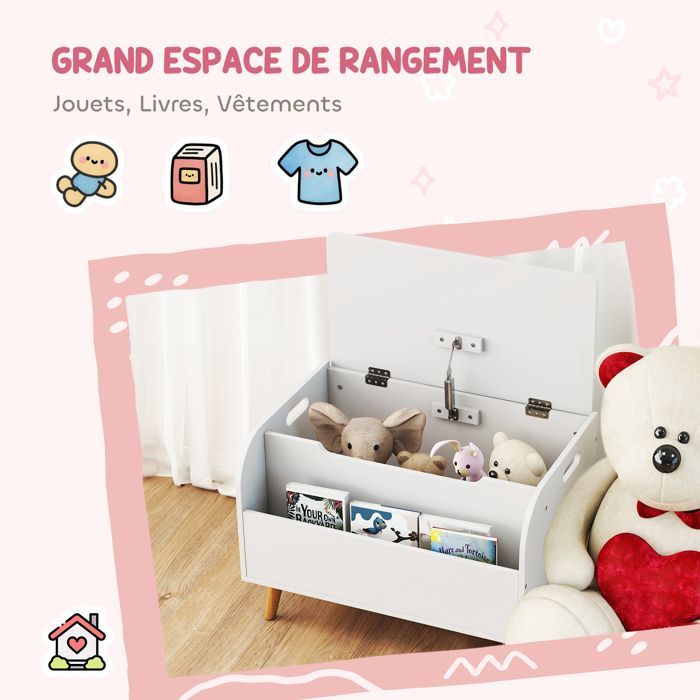 Children's toy chest - AIYAPLAY - hinged lid and open compartment - MDF - 60x40x43cm - white