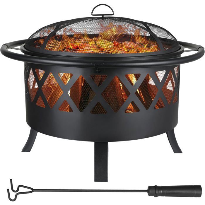 81cm Brasero Barbecue Exterieur pour Jardin,Foyer avec Protection Anti-étincelles et Tisonnier,Grille de Barbecue,Noir