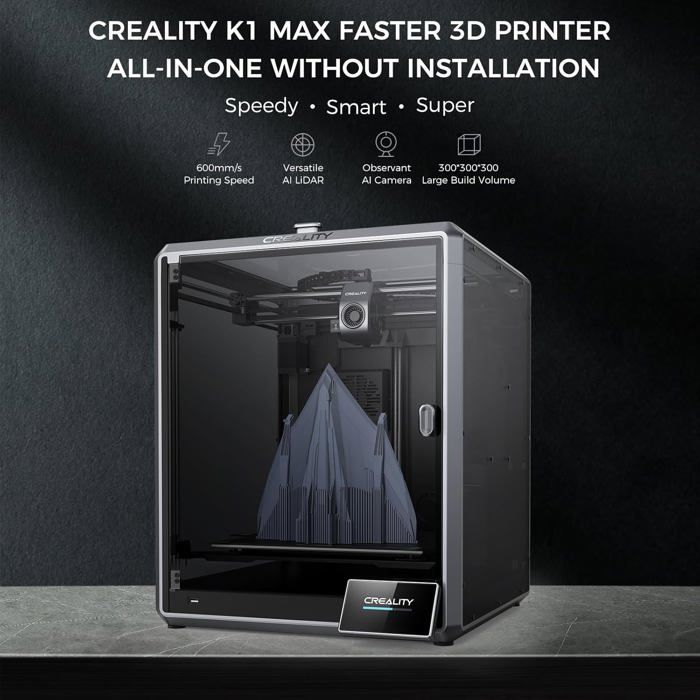 Impresora 3D Creality K1 MAX, velocidad de impresión 600 mm/h, caudal máximo 32 mm³/s, doble sistema de refrigeración, LiDAR con IA y cámara con IA.