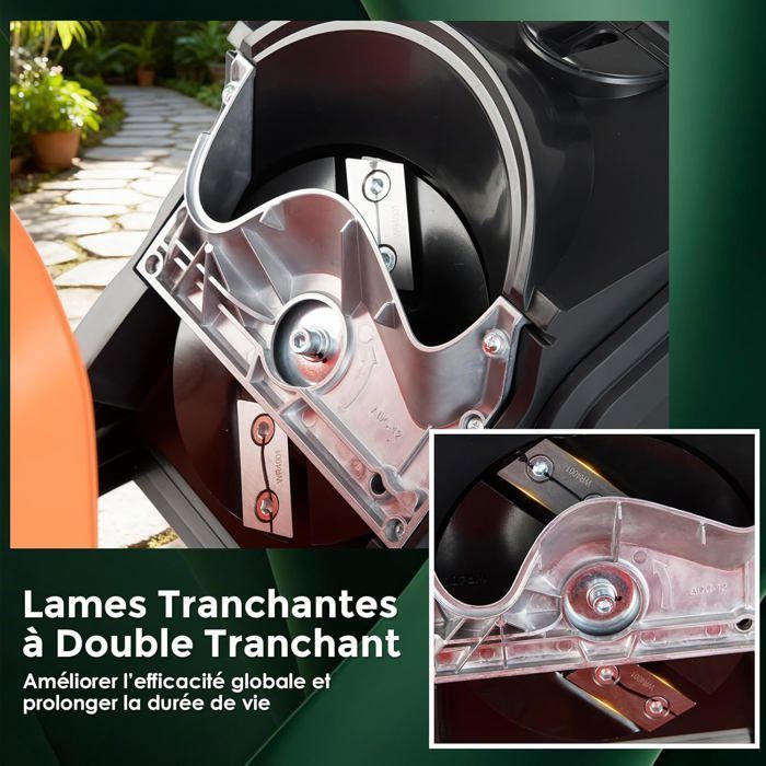 Broyeur de Jardin Électrique 2800W COSTWAY, Bac de Collecte de 50L, Diamètre de Coupe 45 mm, Roues, Mulcheur Filaire à Bois, Orange