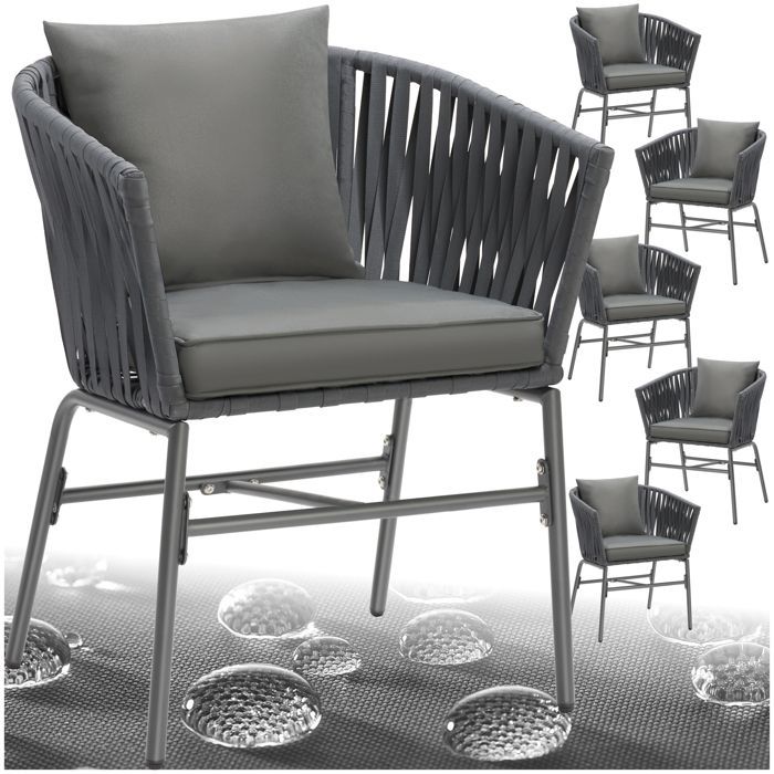 Sillas de jardín - TECTAKE - Juego de 6 sillas VALEIRAS con efecto de cuerda trenzada y fundas extraíbles, 60 x 61 x 77 cm - Gris
