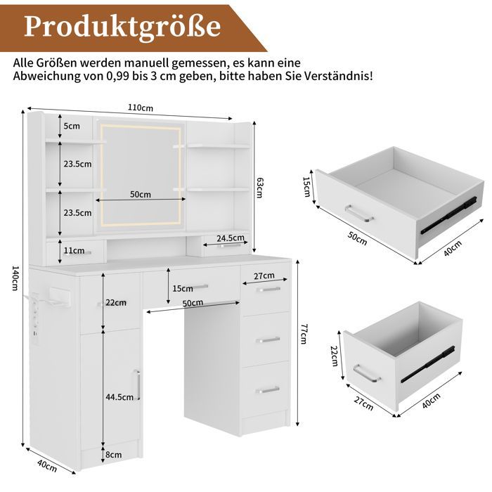 Tocador - TANANT - Espejo LED - 7 cajones - USB - Soporte para secador de pelo