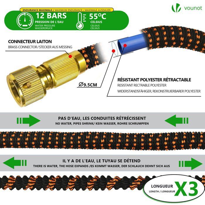 Manguera de jardín extensible reforzada VOUNOT® de 45 m, color naranja - 10 modos - conector y bolsa de almacenamiento incluidos - flexible y a prueba de fugas