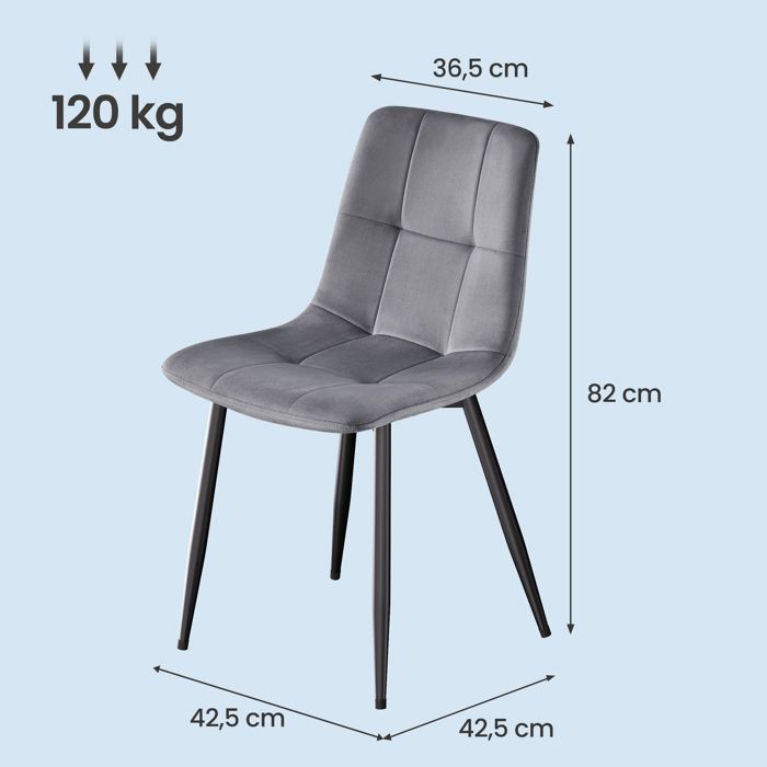 Lot de 6 Chaises de Salle à Manger, Chaises Rembourrées en Velours, Pieds Réglables, pour Cuisine, Salon, Gris