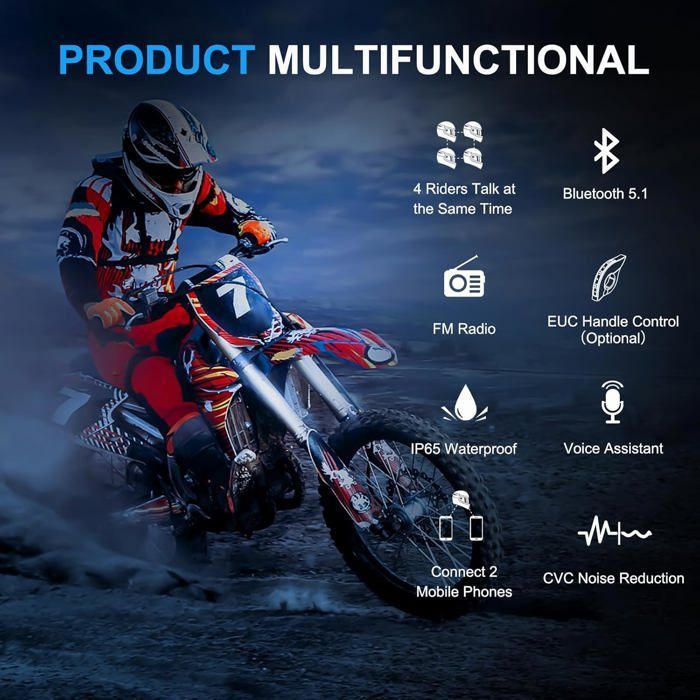 Intercomunicador Bluetooth V4 Plus para motos, 1500 m, comunicación para 4 motos motard, arbitras, esquís y quads.