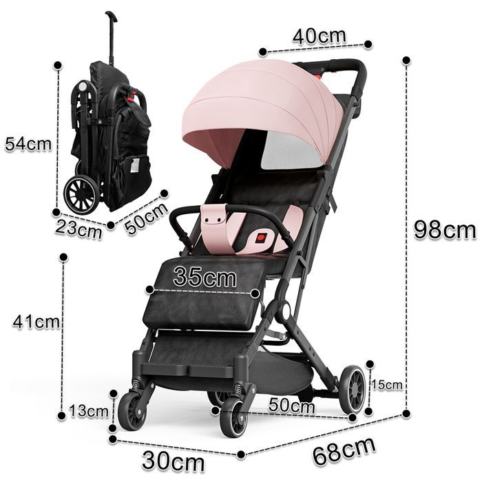 Poussette Canne Compacte, Bébé jusqu’à 22 kg, Ultra Légère, Pliage Automatique, Dossier Inclinable, Format Cabine Avion Rose