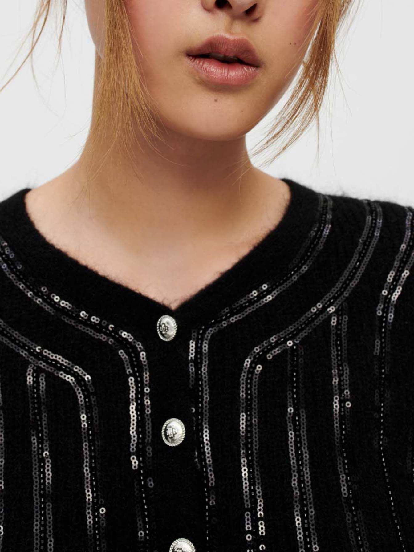 Vest van mohairmix met sierknopen - Zwart