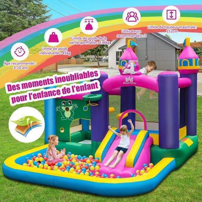DREAMADE Opblaasbaar kasteel voor kinderen met 680W blower, zwembad, glijbaan, basketbalring, opblaasbare structuur voor binnen en buiten