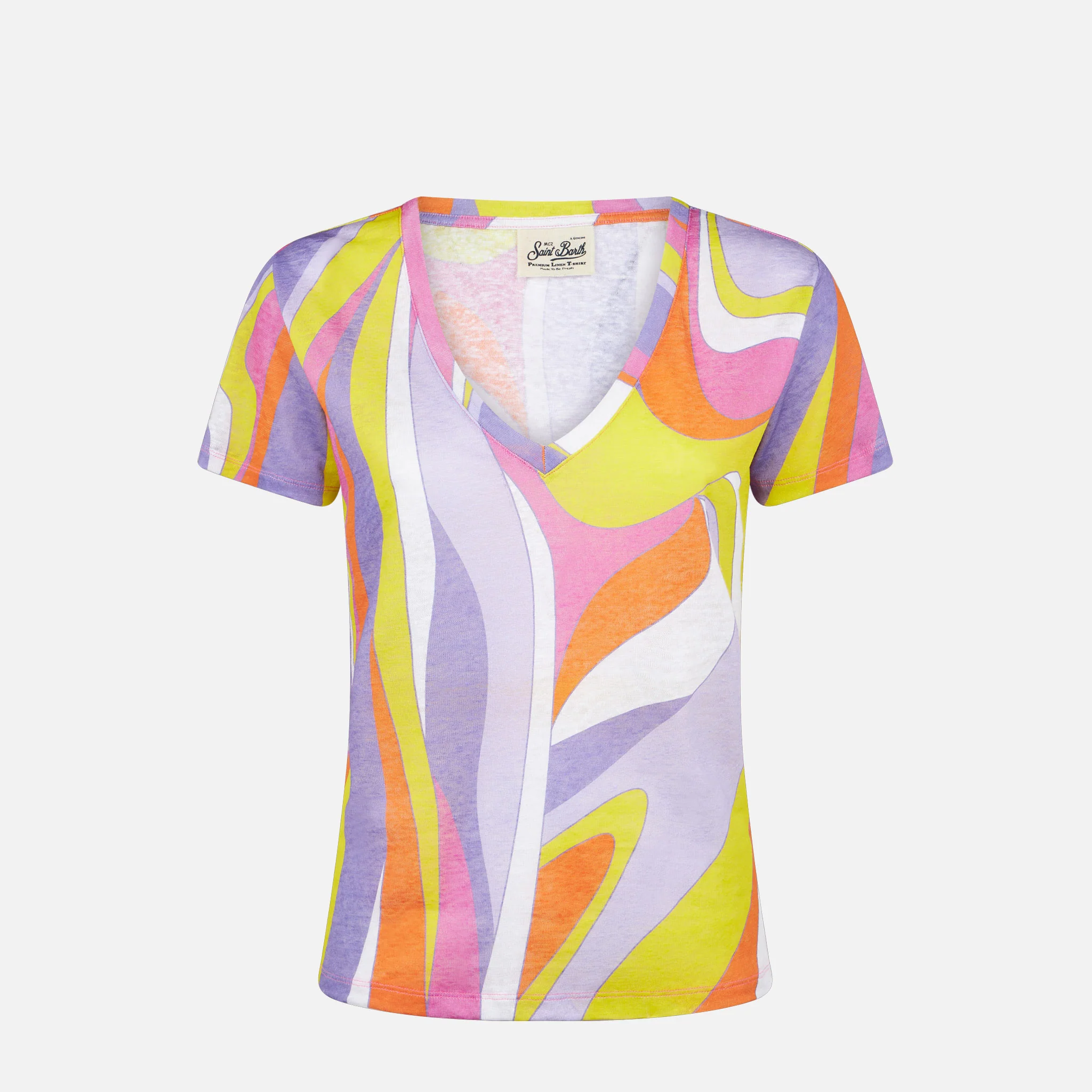 Camiseta feminina de linho com estampa de ondas