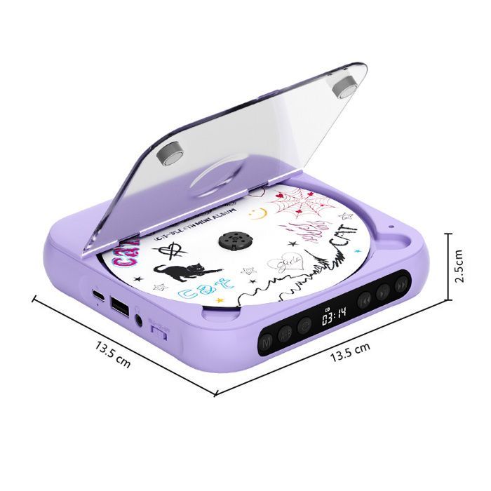 Reproductor de CD Bluetooth - Mini reproductor de CD portátil, delgado y ligero - Versátil - Compatible con CD y USB - 135 x 135 x 25 mm - Lila