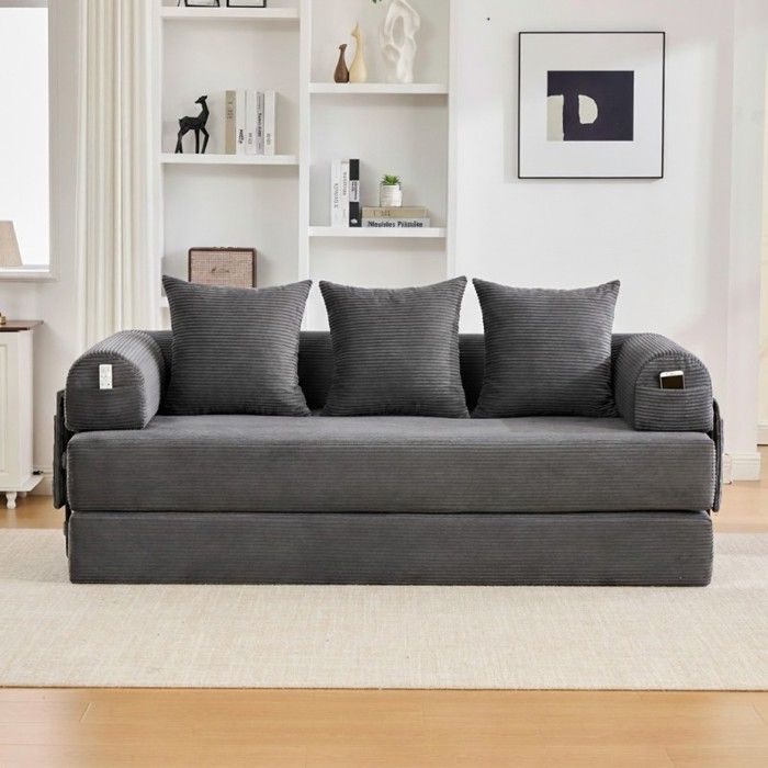 Modulares Schlafsofa - LANGTU - Verwandlungssofa - Dunkelgrauer Cord - Metallrahmen - 3-Sitzer (200 cm)