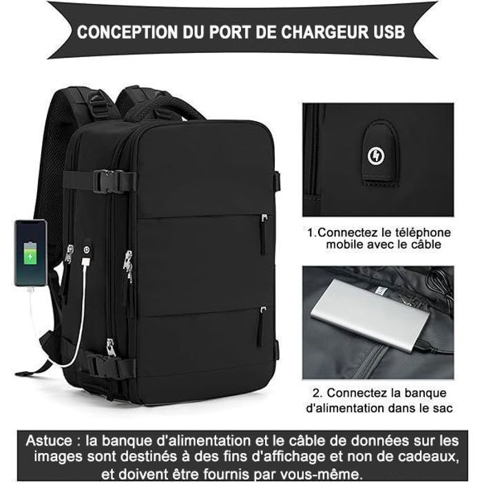 Zaino da cabina da donna - Impermeabile - USB - Nero - 45x31x20 cm