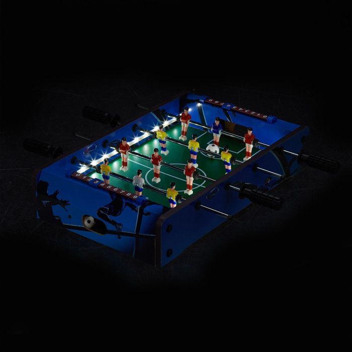 Futbolín Relaxdays, luces LED, para niños y adultos, 4 varillas, 2 pelotas incluidas, minijuego de fútbol, azul