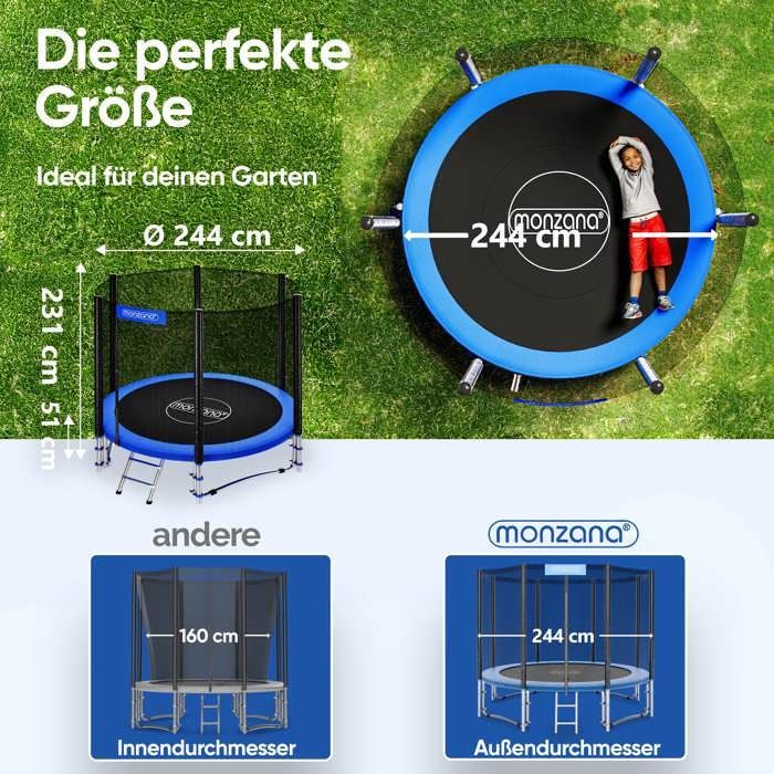 Cama elástica redonda para exteriores MONZANA® Ø244cm máx. 120kg. Incluye juego completo con red de seguridad, puerta de acceso, escalera y lona de salto.