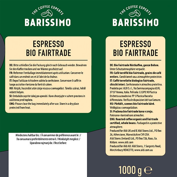 Biologische Fairtrade Espresso, 8 x 1 kg, hele bonen