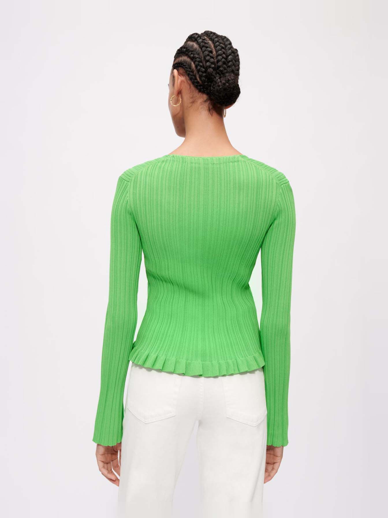 Geribbeld gebreid vest met ruches - Vert