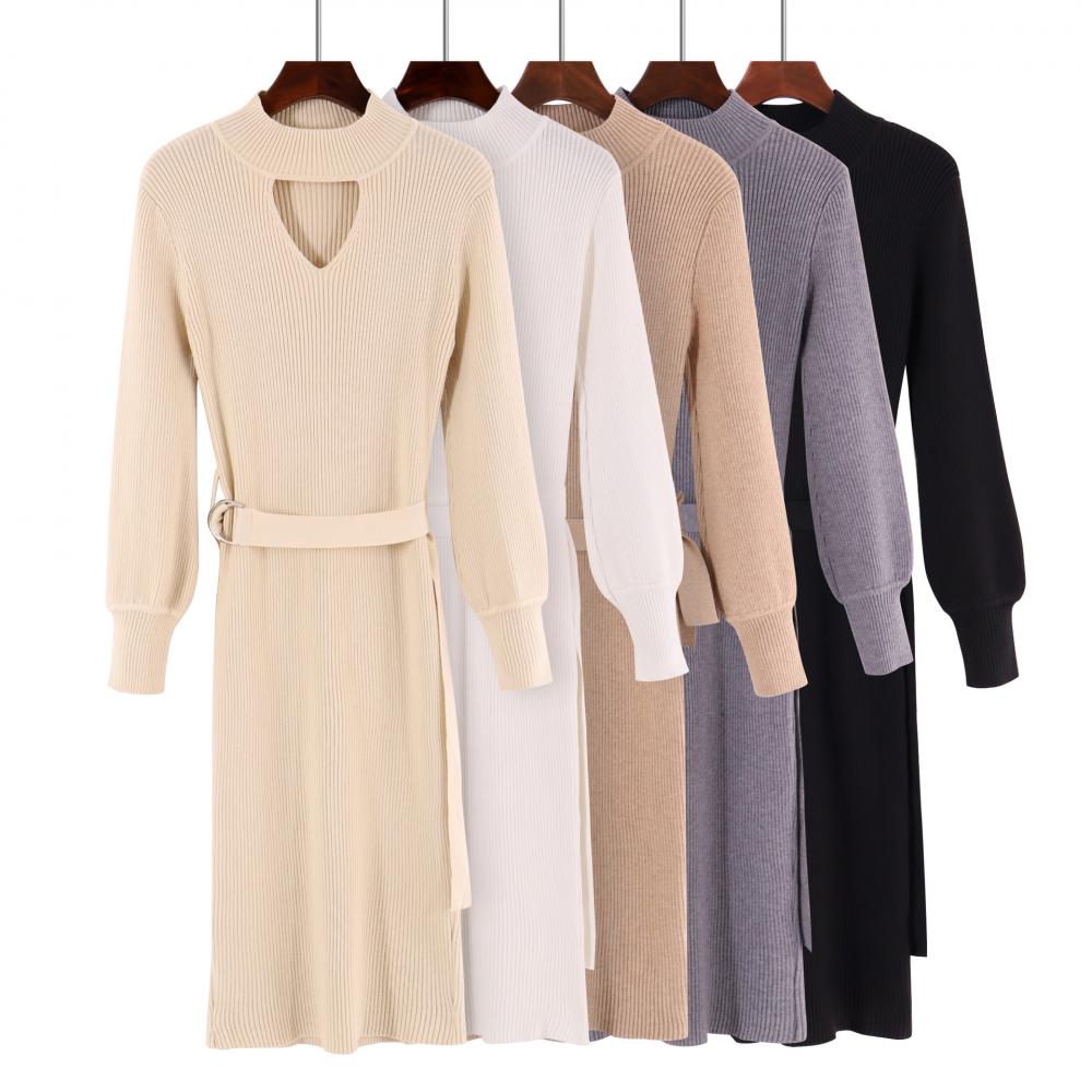 Abito lungo in maglia autunno/inverno da donna, casual, aderente, abito da ufficio in stile coreano con bottoni e cintura