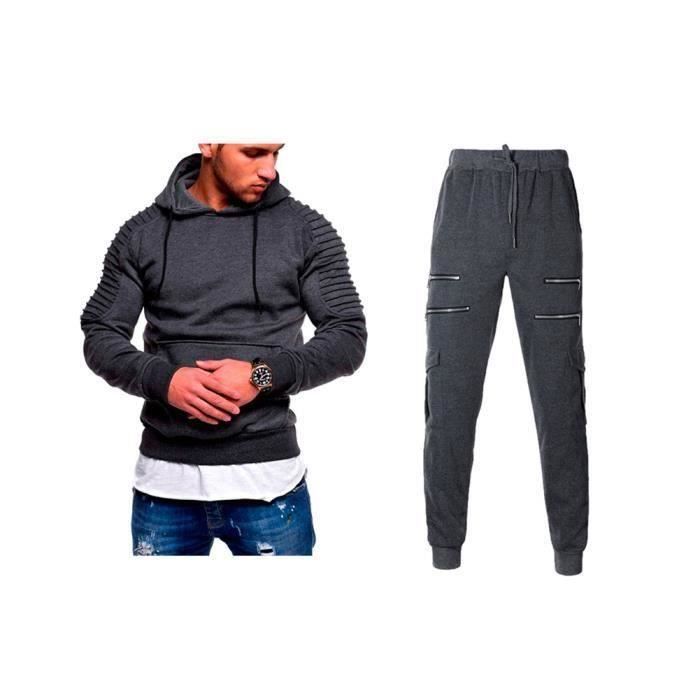 Men's Tracksuit Set - Dark Grey Hooded Pullover (M) - Long Sleeves - Multisport