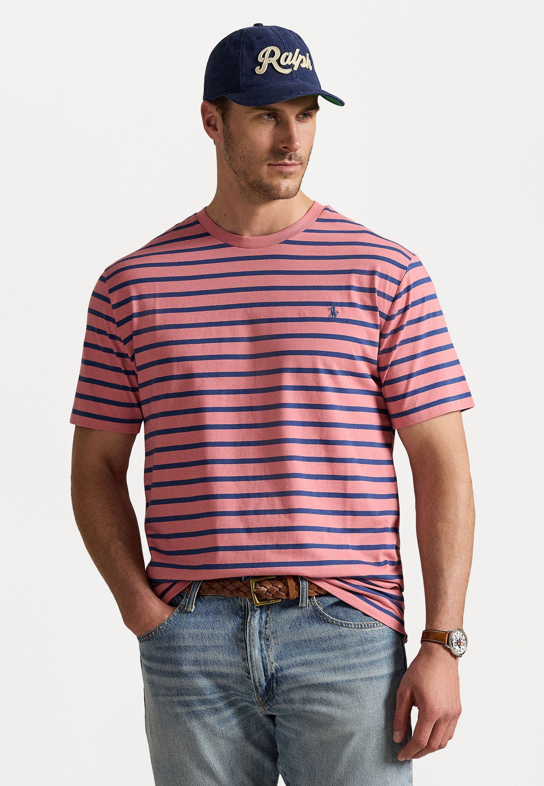 Polo Ralph Lauren Big & Tall dryžuoti marškinėliai su apykakle - Marškinėliai su apykakle - dykumos rožinė/sena karališkoji