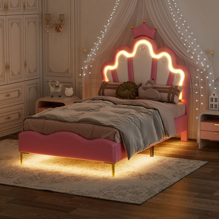 Cama infantil tapizada Crown - 90x200 cm - Iluminación LED multicolor integrada - Somier de láminas incluido