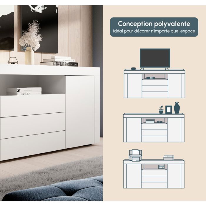 Buffet Bahut de Salon YANIS - 160 cm - 2 Portes et 3 Tiroirs - Enfilade Blanc Mat - Style Scandinave Moderne - Designameublement