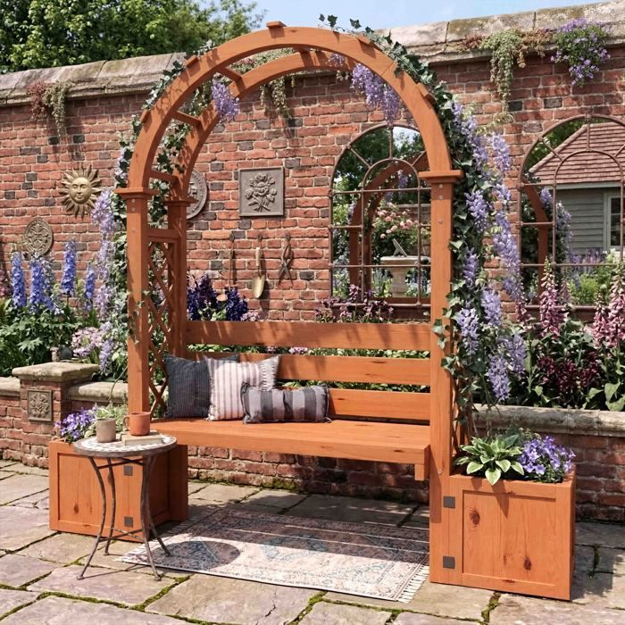 Garden Bench with Arch & Planters - 160x30.5x160cm - 3-in-1 Design - Natural Fir Wood
