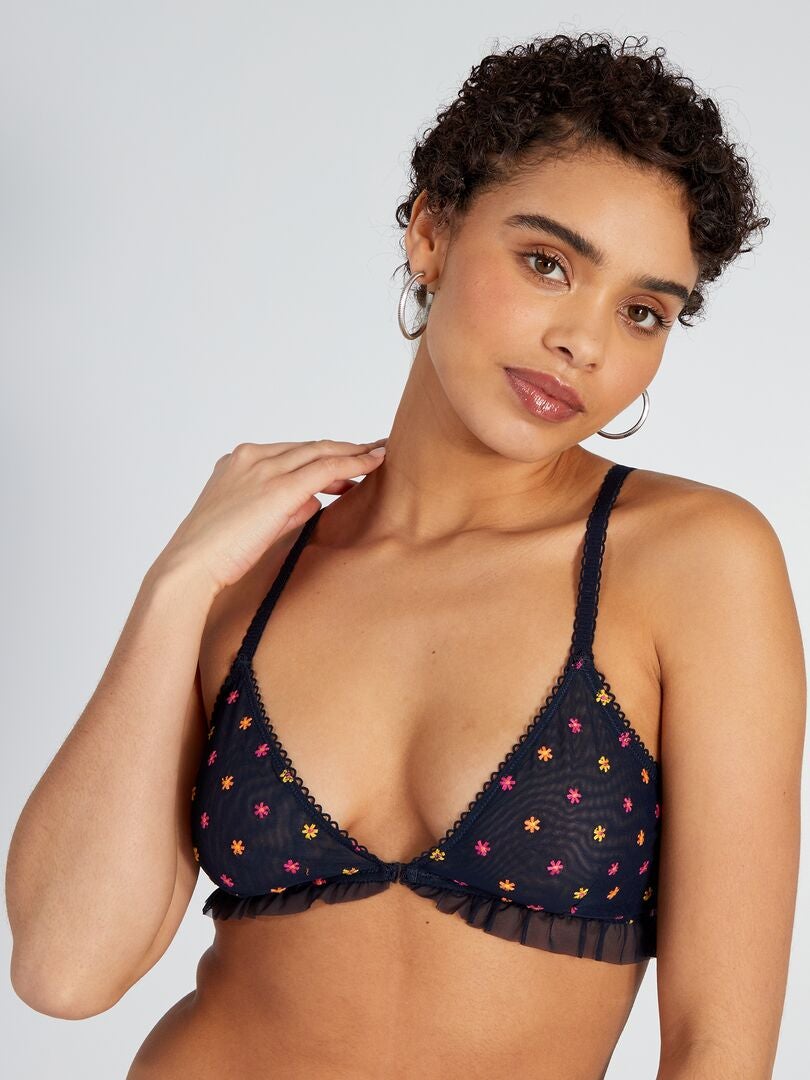 Sutiã de tule com flores bordadas - azul