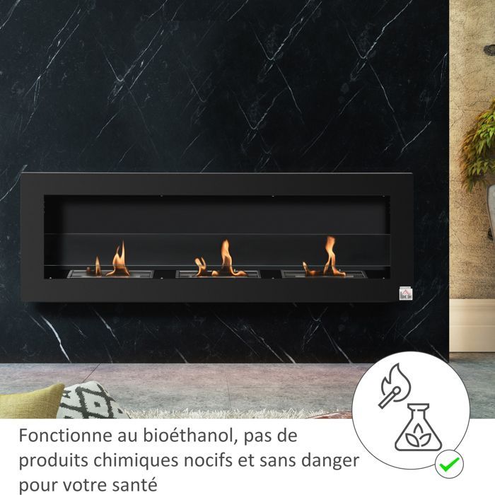 Chimenea de bioetanol - HOMCOM - de pared - 3 quemadores, capacidad total de 3 litros - aproximadamente 3 horas de duración - acero inoxidable negro