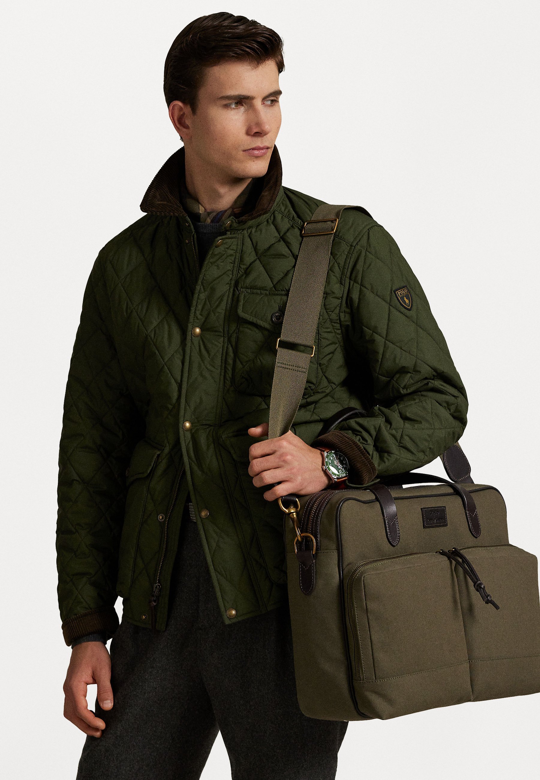 Sacoche pour ordinateur portable Polo Ralph Lauren en toile avec finitions cuir - Vert défenseur/marron foncé