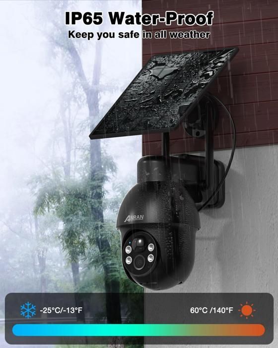 ANRAN Telecamera di sorveglianza wireless da esterno con pannello solare, risoluzione 2K HD, 3 MP, rilevamento di movimento PIR, compatibile con Alexa e Google Home - Q03 Nero