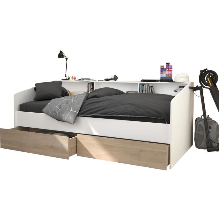 Sofá cama con 2 cajones, 90 x 200/190 cm - MDF - Acabado roble mate y blanco - JOY - 2339ENSE
