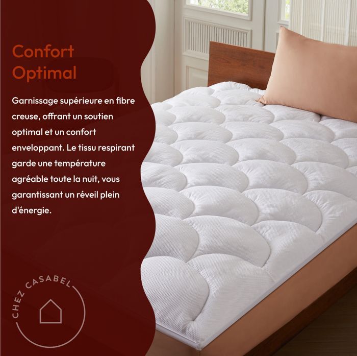 CASABEL Surmatelas Rafraîchissant 160x200 cm en Microfibre Gaufrée Premium Blanc - Garnissage Fibre Creuse 600 GSM Epaisseur 4 cm