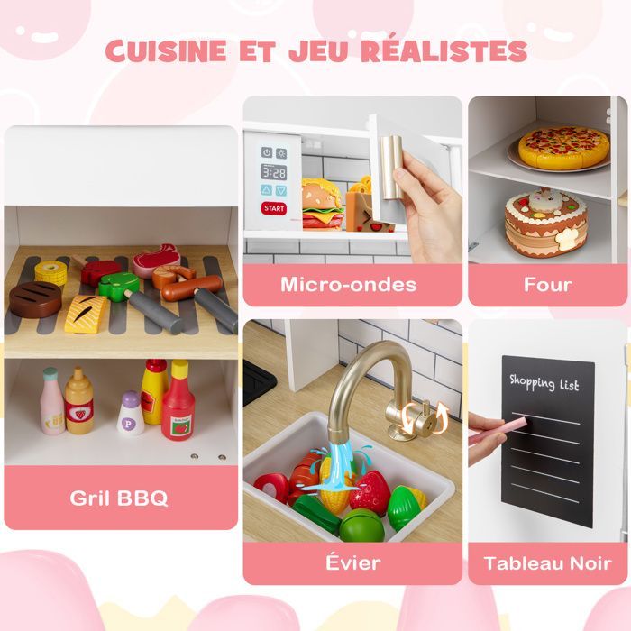 Cuisine Enfants COSTWAY en Bois avec Lumières et Sons, Machine à Glaçons, Hotte, Tableau Noir, Barbecue, 92 x 30 x 98 cm Blanc