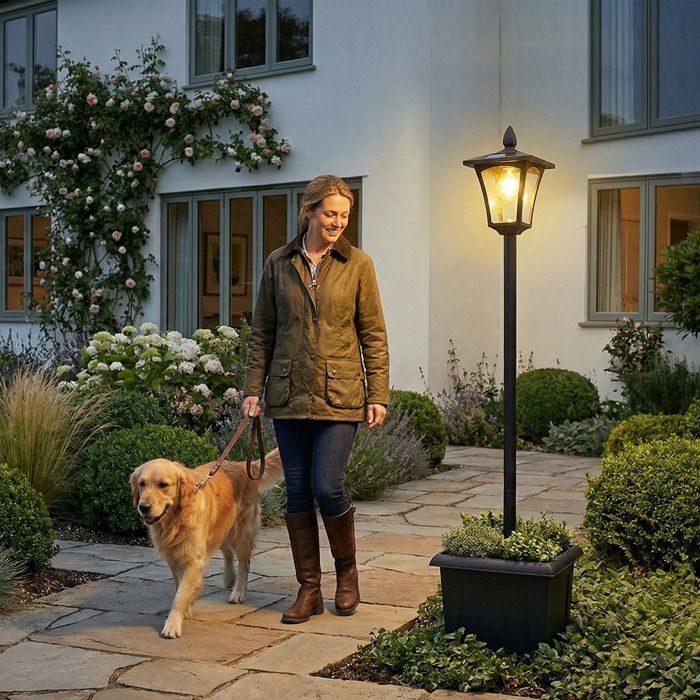 Lampada solare da terra per esterni Outsunny - Luce LED impermeabile - con fioriera - Alluminio - 160 cm - Nera