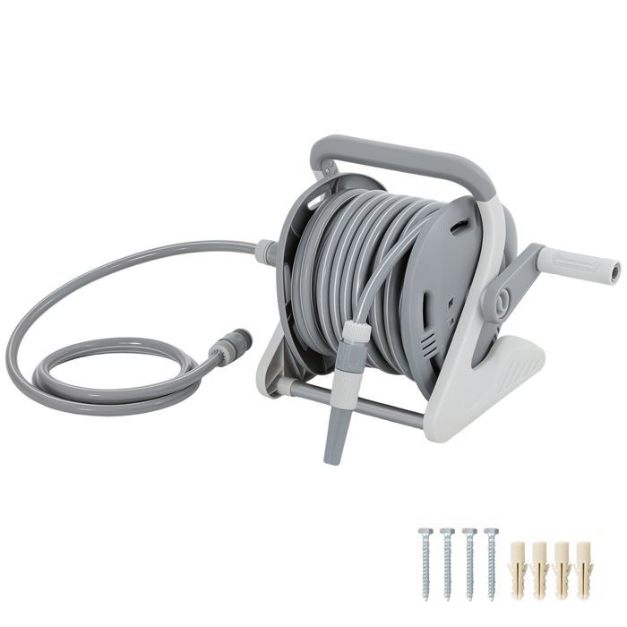 Enrollador de manguera de jardín de pared de 20+2 m x Ø 15 mm, dispensador de manguera de agua portátil, boquilla de 2 modos, gris