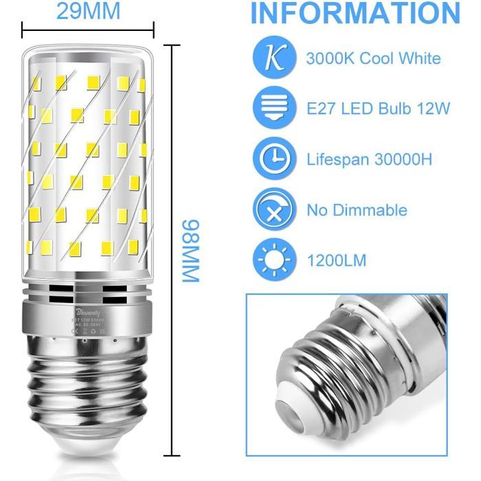 Ampoule Led E27, 12W (Équivalent Ampoules Halogène 100W), 1200LM, 3000K, 230V, Blanc Chaud, Non-Dimmable Sans Scintillement , 6pcs