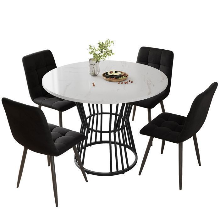 Ensemble table à Manger 5 Pièces - Set de Table et Chaises - Table Ronde Marbre 100cm + 4 Chaises Velours Gris - Moderne et Élégant