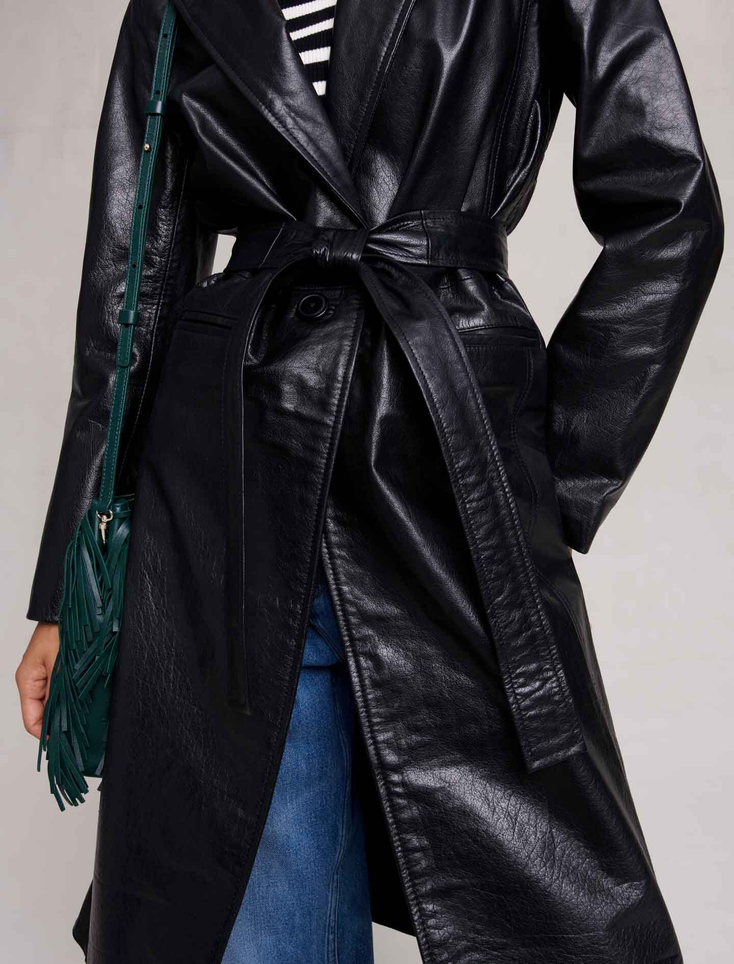 Zwarte leren trenchcoat - Zwart