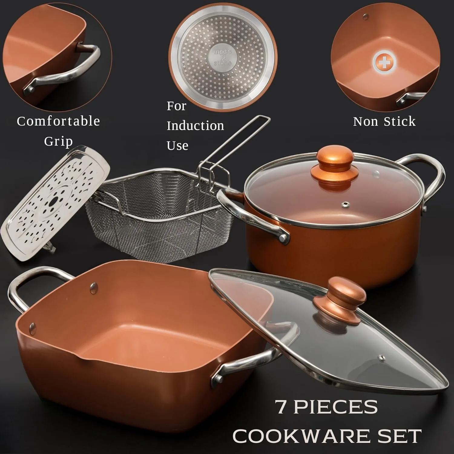 Ensemble de 7 pièces de casseroles et poêles en cuivre, batterie de cuisine antiadhésive Copper Chef, poêles carrées en cuivre, casserole ronde en cuivre et panier à friture