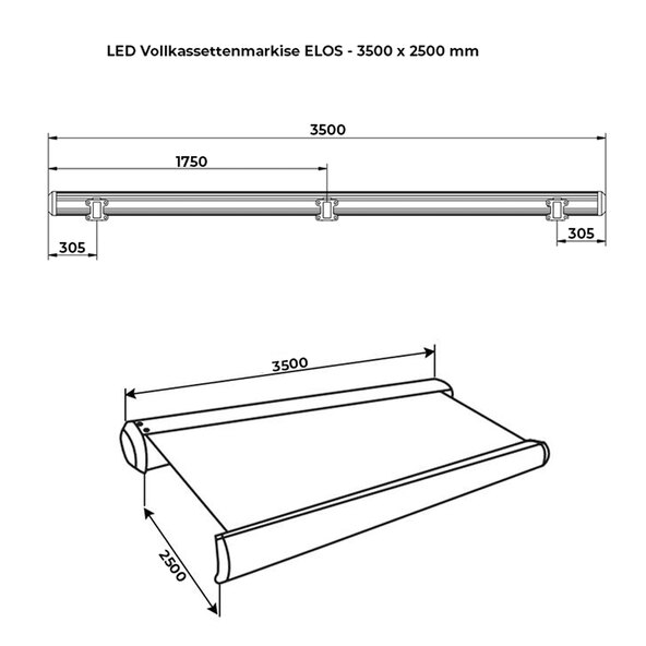 LED-zonnescherm ELOS V2 met volledige cassette, incl. windsensor, zandkleurig, 400 x 300 cm